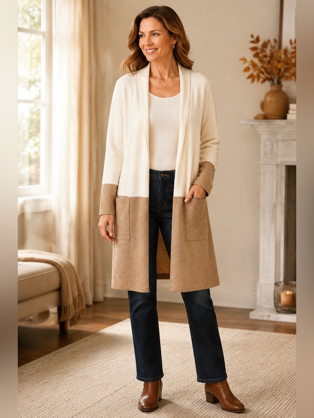 Talbots NWT Long Open Front Cardigan Sweater Medium Cream Tan Colorblock Duster